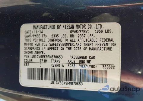 2015 Infiniti Q60 Journey z USA, uszkodzony, nr VIN JN1CV6EK9FM870653